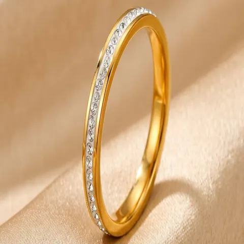 Women Minimalist Stainless Steel Eternity Band Ring Gold Silver Rose Gold Plated Rhinestone Inlaid Thin Finger Tail Ring Jewelry