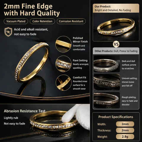 Women Minimalist Stainless Steel Eternity Band Ring Gold Silver Rose Gold Plated Rhinestone Inlaid Thin Finger Tail Ring Jewelry