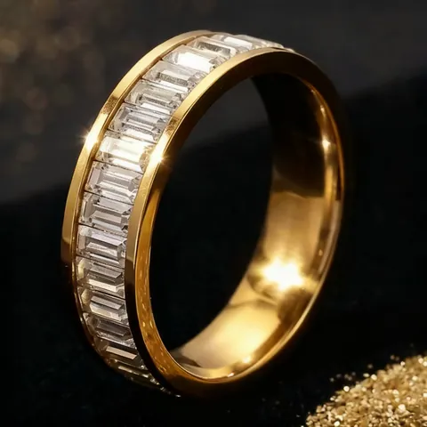 Fashion Stainless Steel Heart Rhinestone Eternity Ring For Women Men Simple Baguette Cut Couple Wedding Band Jewelry Gift
