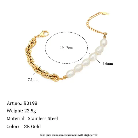 Joyería Estilo Occidental de Acero Inoxidable y Perla de Agua Dulce Collar Pulsera para Mujer Cadena de Cuerda Trenzada Oro