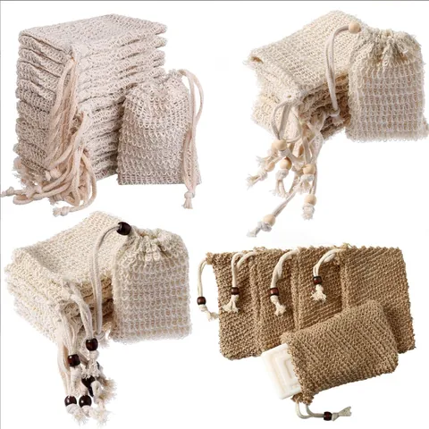 Natural Sisal Soap Bag Foaming Net Mesh Pouch Drawstring With Wooden Bead Exfoliating Body Scrubber Shower Accessories