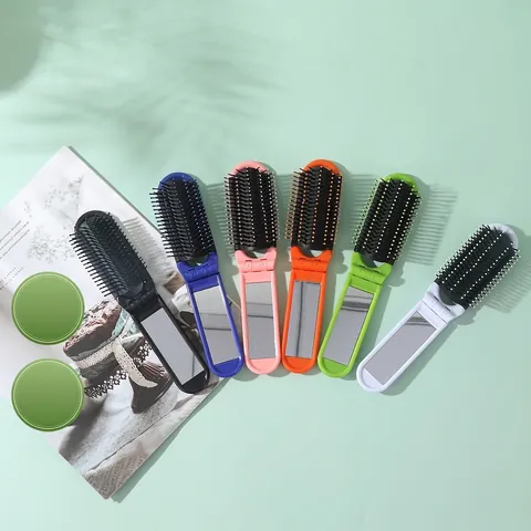 Portable Folding Hairbrush With Mirror Massage Travel Mini Hair Comb PP Nylon Plastic For Women Girls Daily Use