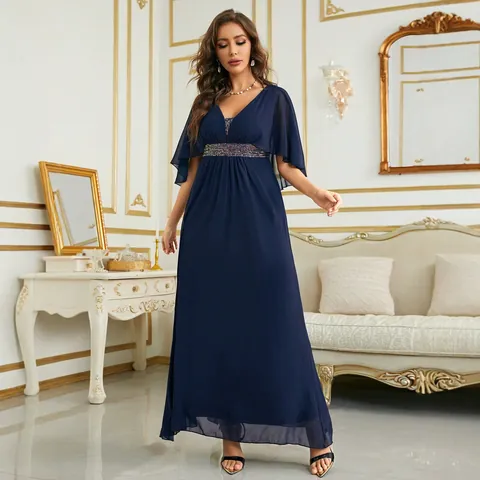 Elegant V Neck Chiffon Maxi Evening Dress With Sequin Waist Flutter Sleeves For Women Banquet Party Formal Wedding Gown
