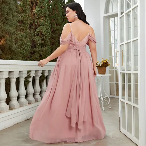 Γυναικείο Plus Size Μάξι Φόρεμα από Σιφόν με Δαντέλα και Ώμους Έξω Κομψό Φόρεμα με Φιόγκο στην Πλάτη