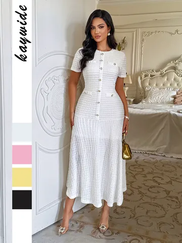 Maxi Dress Knit Textured Short Sleeve Gold Button Elegant Slim Fit Tweed Style Retro Commute Gown For Women