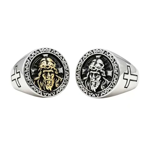 Herren Retro Jesus Christus Porträt Relief Ring Edelstahl Religiöses Kreuz Geprägter Vintage Schmuck