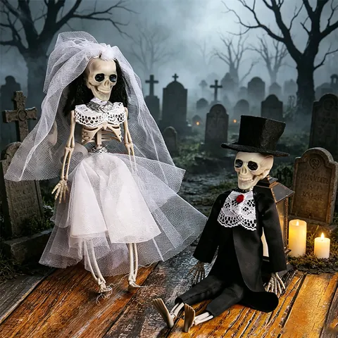 Halloween Skeleton Bride And Groom Hanging Ornaments Gothic Scary Wedding Props Haunted House Party Decor Plastic Fabric