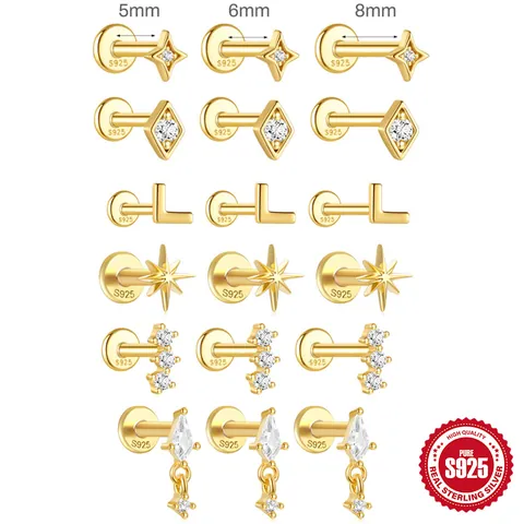 Pendientes Piercing Labret Estrella Rombo Con Poste De Plata De Ley 925 Zircón Geométrico Chapado En Oro Para Mujer