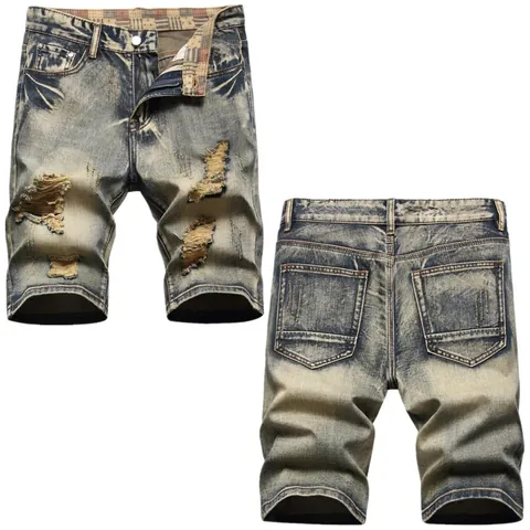 Short en Jean Vintage pour Hommes High Street Déchiré Lavé Coupe Droite Longueur Genou Short Denim pour l'Été
