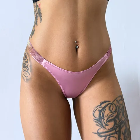 Women Sexy Thong Panties Gradient Rhinestone Shine Straps Low Waist Satin Texture Breathable Lingerie Underwear