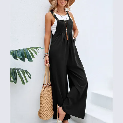 Women Retro Cotton Solid Color Casual Overalls Jumpsuit Adjustable Straps Wide Leg Pants Summer Vacation Pocket Romper