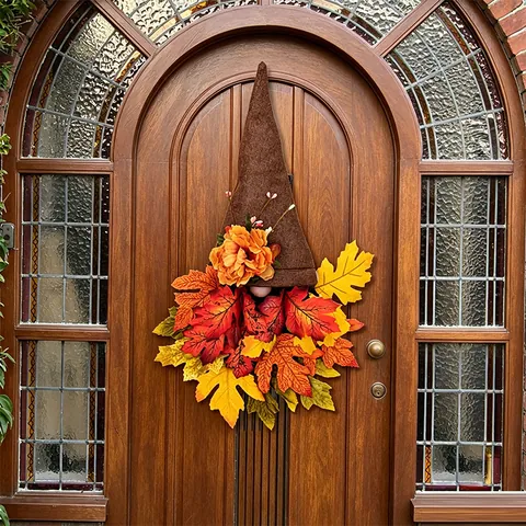 Herfst Oogst Kabouter Deurhanger Decoratie Stof Bruine Hoed Kunstmatige Esdoornbladeren Zijden Bloemen Thanksgiving Wanddecoratie