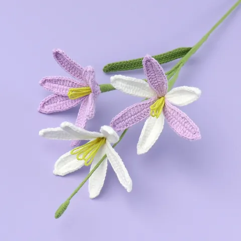 Handmade Crochet Flower Branch Yarn Knitted Lily Zephyranthes Realistic Woven Floral Desktop Home Decor Ornament Gift