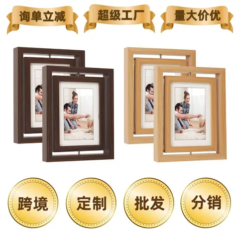 Cornice Portafoto Rotante Doppia Faccia MDF Trama Legno Ornamento Da Scrivania Girevole Per Memoria Famiglia Animali