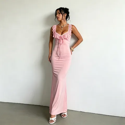 Rüschen V-Ausschnitt Maxi Kleid Polyester Ärmellos Schnürung Eng Anliegend Abendkleid Damen Sexy Einfarbig