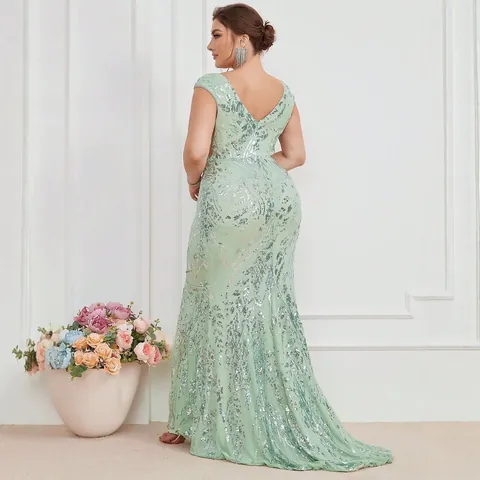 Plus Size V-Neck Sleeveless Sequin Mesh Patchwork Fishtail Evening Dress Elegant Slim Fit Mint Green Maxi Prom Gown For Women