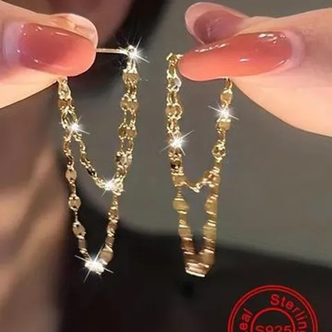 925 Sterlingsilber Doppelschichtige Kette Quaste Ohrstecker Zierliche Minimalistische Lange Hängeohrringe Für Damen Mode Schmuck