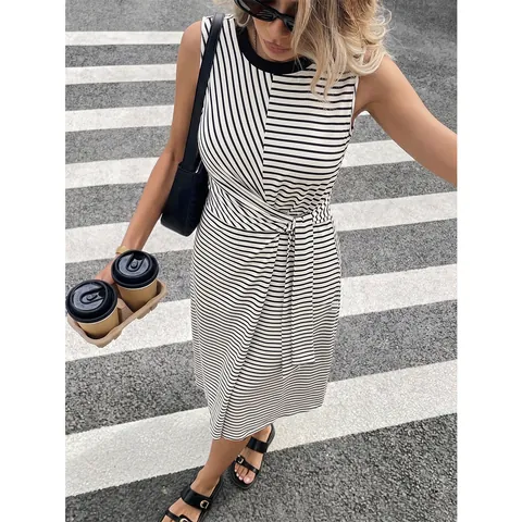 Plus Size Women Striped Sleeveless Midi Dress Round Neck Waist Twist Tie Elegant Casual A Line Summer Dress