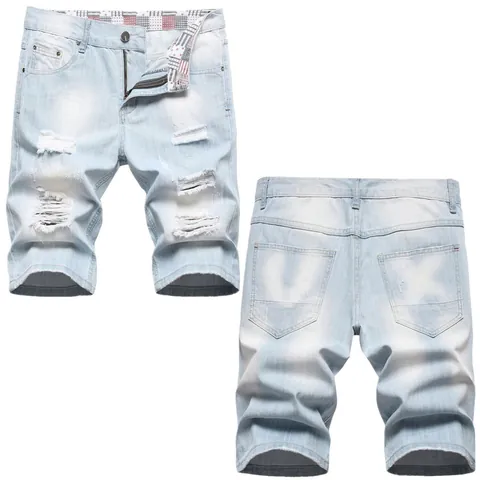 Short en Jean Déchiré pour Homme Bleu Clair Délavé Mélange de Coton Streetwear Décontracté Pantalon pour Quotidien Été