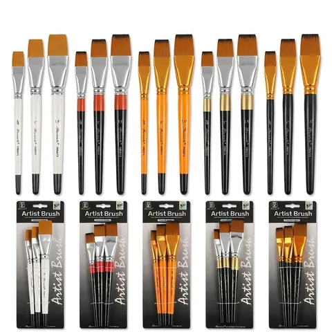 Nylon Bristle Paint Brushes With Wooden Handle Flat Head For Acrylic Oil Watercolor Painting DIY Art Supplies