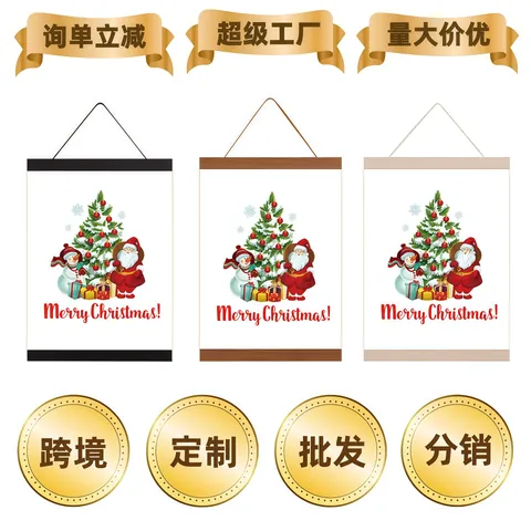 Christmas Magnetic Wooden Poster Hanger Frame Wall Art Canvas Scroll Snowman Santa Claus Holiday Decor For Home