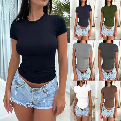 Women's Sexy Slim Fit Round Neck Short Sleeve T-Shirt Solid Color Y2K Style Polyester Casual Summer Tee Basic Top