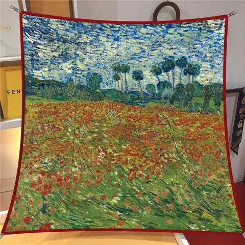 French Fashion Artistic Oil Painting Pattern Satin Square Scarf For Women 90cm Large Twill Shawl Red Garden Floral Wrap