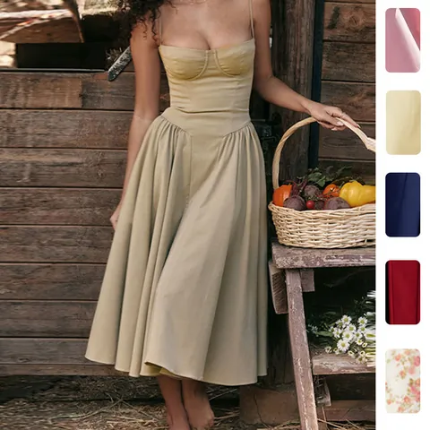 Franse Vintage Corset Taille Spaghetti Bandjes Halter Midi Jurk Elegant Bloemen Effen Kleur Full Swing Zomer Vakantie Jurk Dames