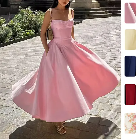 Franse Vintage Corset Taille Spaghetti Bandjes Halter Midi Jurk Elegant Bloemen Effen Kleur Full Swing Zomer Vakantie Jurk Dames