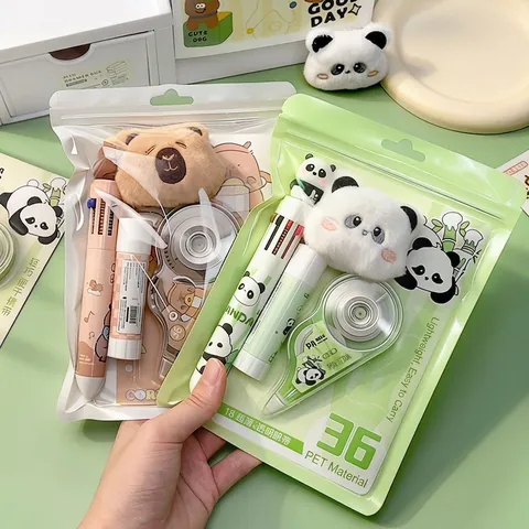 Simpatico Set di Cancelleria a Forma di Panda e Capibara per Studenti Kit di Forniture Scolastiche Kawaii Con Penne Correttore Gomma Regalo