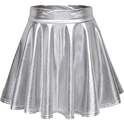 Gonna Donna Sexy Metallizzata in Pelle PU Mini Gonna a Pieghe Vita Alta Linea a A Skater per Spettacoli Feste Clubwear