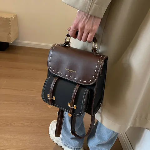 Vintage PU Leather Color Block Backpack For Women Casual Stitching Detail Flap Handbag School Travel Fashion Daypack