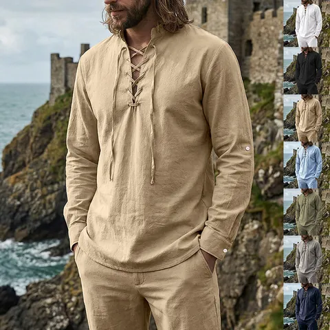 Camiseta Henley Retro Medieval para Hombre Mezcla de Lino Manga Larga Escote con Cordones Cuello Alto Top Casual Diario