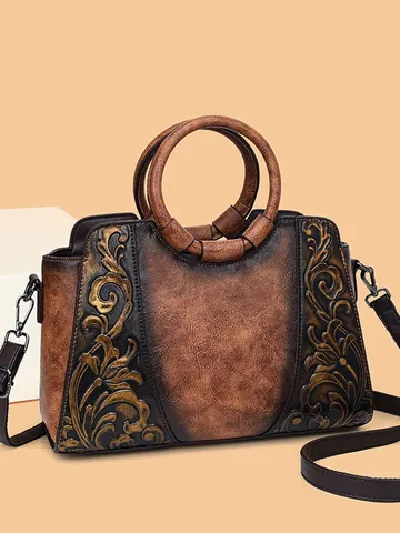 Vintage Embossed Floral PU Leather Handbag For Women Retro Circular Handle Crossbody Bag Casual Daily Top Handle Bag Large Capacity Satchel