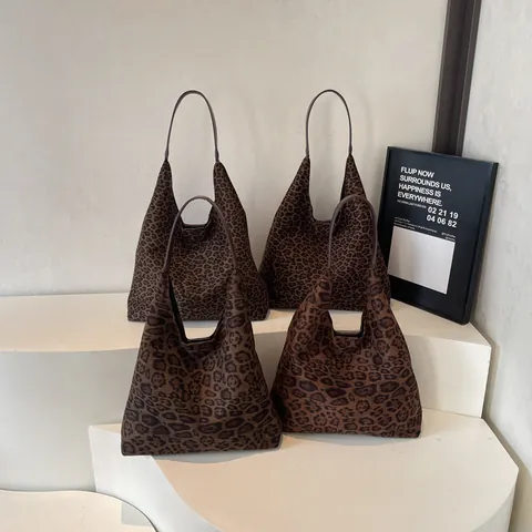 Grand Sac Cabas en Daim Imprimé Léopard pour Femmes Style Coréen Vintage Sac à Main Décontracté Travail École