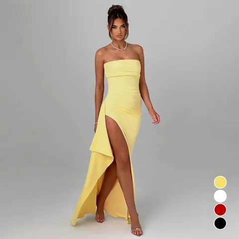 Sexy Robe Maxi Bustier Plissée Pour Femmes Style Européen Fente Latérale Haute Robe De Soirée Moulante Irrégulière