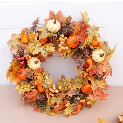 Autumn Maple Leaf Wreath Artificial Harvest Pumpkin Berry Wreath For Thanksgiving Halloween American Country Door Decor