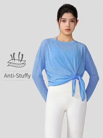 Women's Loose Slub Yarn Yoga Top Quick Dry Breathable Long Sleeve Gym T-Shirt With Side Slit For Fitness Pilates Sportswear