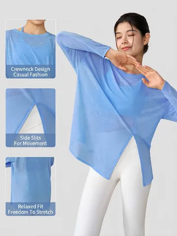 Women's Loose Slub Yarn Yoga Top Quick Dry Breathable Long Sleeve Gym T-Shirt With Side Slit For Fitness Pilates Sportswear