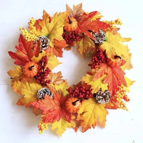 Autumn Maple Leaf Wreath Artificial Harvest Pumpkin Berry Wreath For Thanksgiving Halloween American Country Door Decor