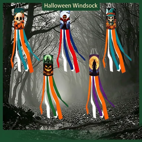 Halloween Windsock Flag Polyester Outdoor Hanging Decoration Ghost Pumpkin Bat Skull Pattern Horror Yard Garden Party Windsock
