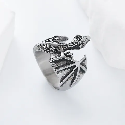 Vintage Stainless Steel Dragon Ring For Men Gothic Punk Winged Snake Animal Ring Distressed Metal Finger Jewelry Gift