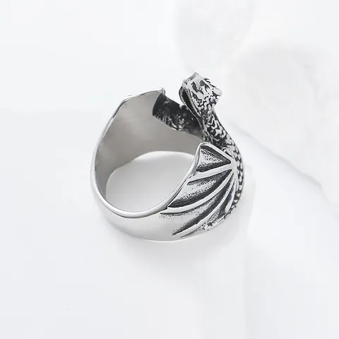 Vintage Stainless Steel Dragon Ring For Men Gothic Punk Winged Snake Animal Ring Distressed Metal Finger Jewelry Gift