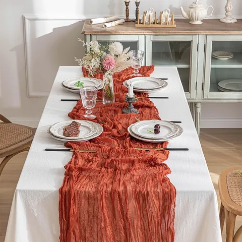 Boho Käsetuch Tischläufer Gaze Faltige Tischdecke Romantische Hochzeit Party Empfang Brautparty Dekor Küche Tischläufer
