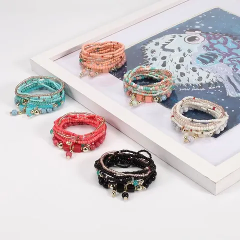 Bohemian Elastic Seed Bead Bracelet For Women Beach Vacation Handmade Alloy Multi Layer Stackable Wristband Jewelry Gift
