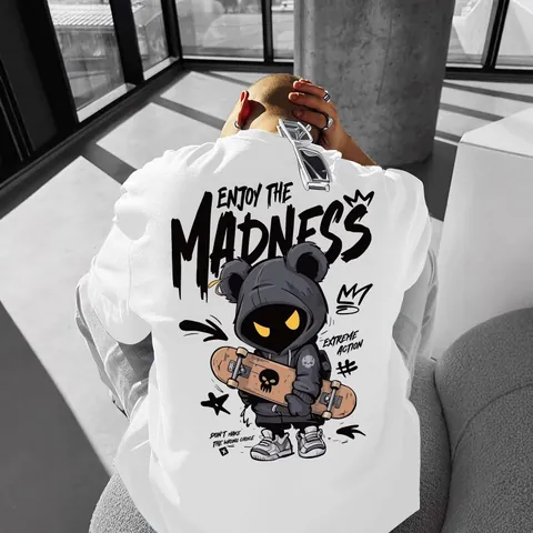 Men's Streetwear Cotton T-Shirt Loose Fit Graphic Printed Short Sleeve Top Bear Skateboard Design Hip Hop Summer Casual Tees