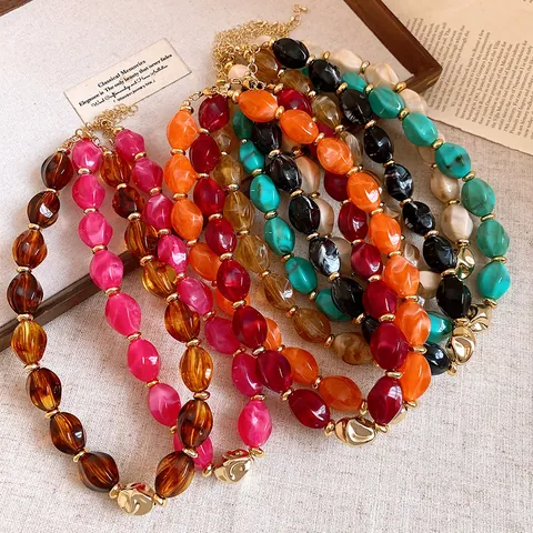 Vintage Colorful Acrylic Bead Necklace For Women Ethnic Vacation Style Geometric Chunky Choker Necklace Alloy Jewelry Accessory
