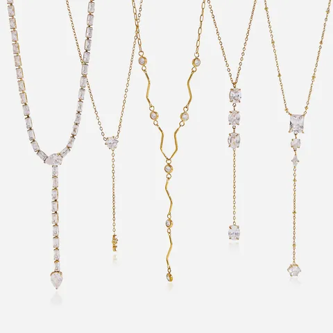 Fashion Stainless Steel Zirconia Y-Shaped Necklace For Women Gold Plated Lariat Necklace Waterproof Hypoallergenic Jewelry