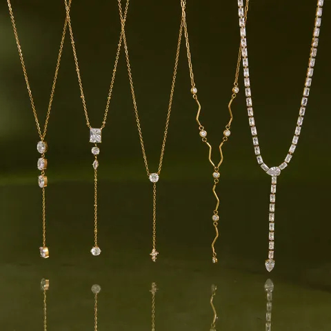 Fashion Stainless Steel Zirconia Y-Shaped Necklace For Women Gold Plated Lariat Necklace Waterproof Hypoallergenic Jewelry