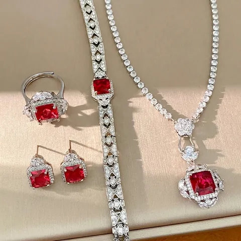 Set Gioielli in Zirconia Quadrata Stile Palazzo Rame Placcato Argento Retro Rosso Giallo Pietra Preziosa Collana Bracciale Anello Orecchini Donna Banchetto